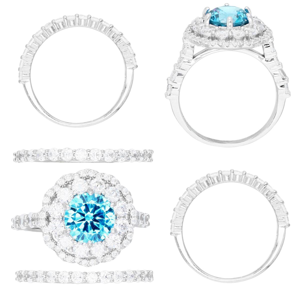 Sterling Silver Rhodium & Med. Blue and White CZ Flower Halo Engagement Bridal 3 Set Ring