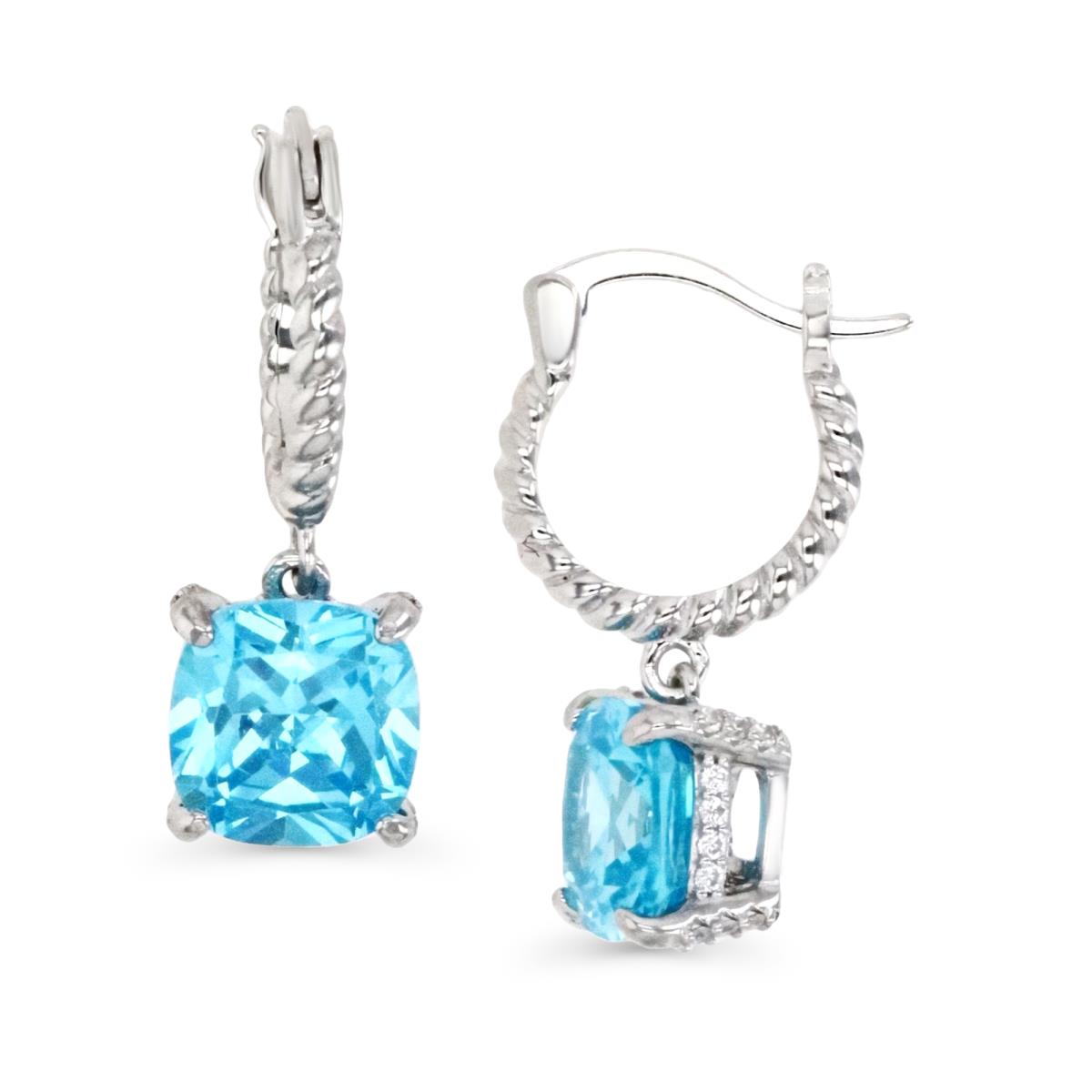 Sterling Silver Rhodium & 8MM CU Ct. Med. Blue and White CZ Twisted Rope Dangling Huggie Earring