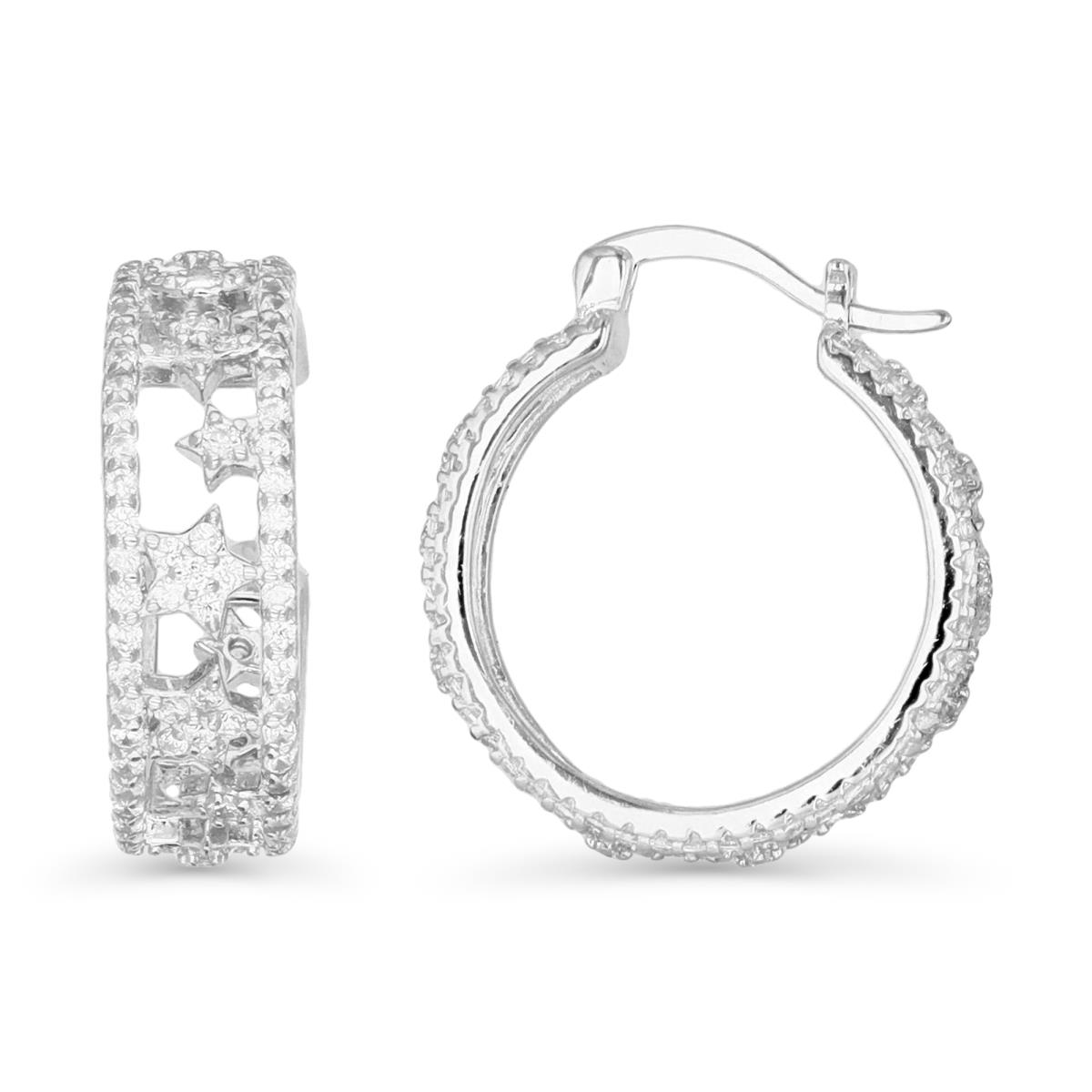 Sterling Silver Rhodium & White CZ Moon and Stars Cut-out Hoop Earring