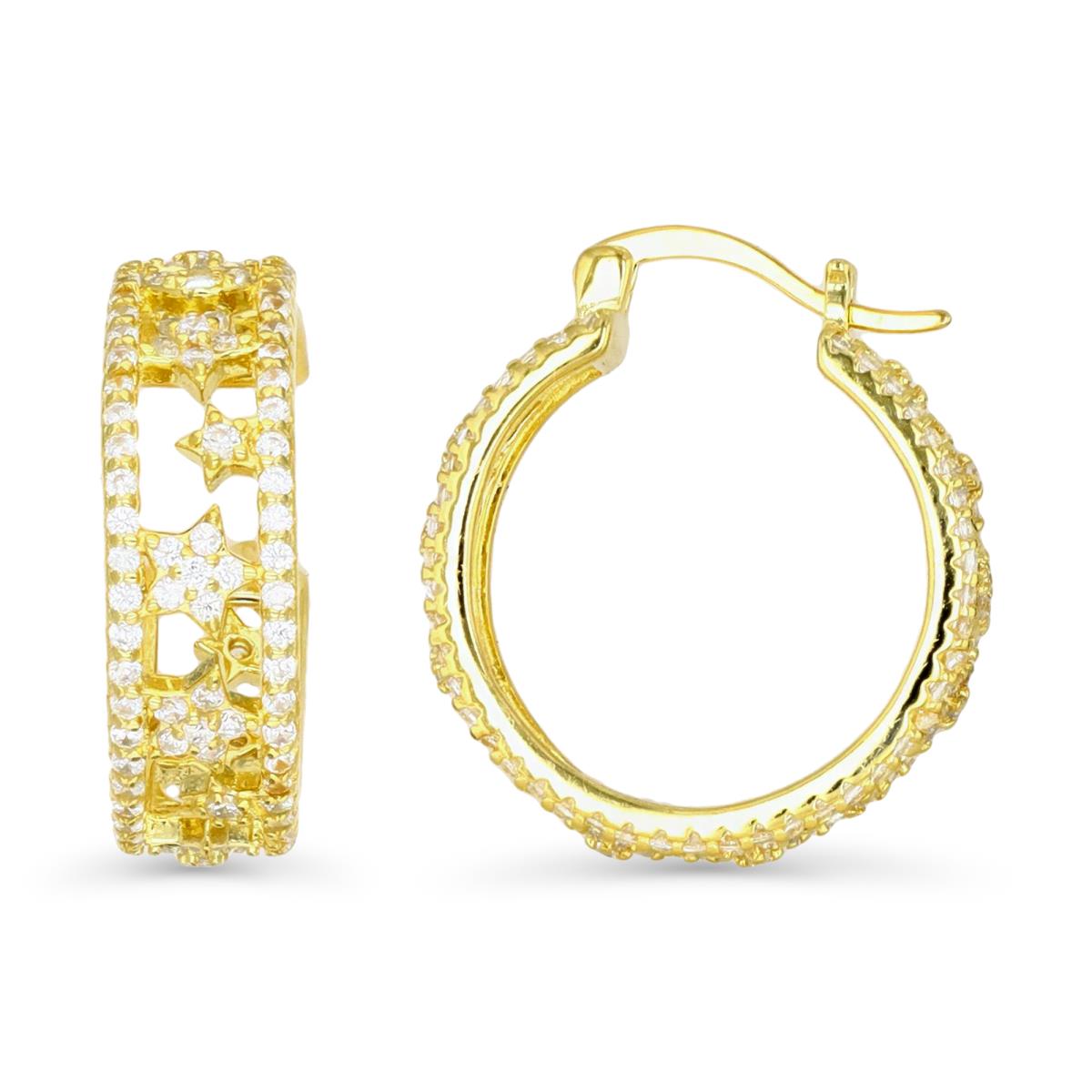Sterling Silver Yellow 1M & White CZ Moon and Stars Cut-out Hoop Earring