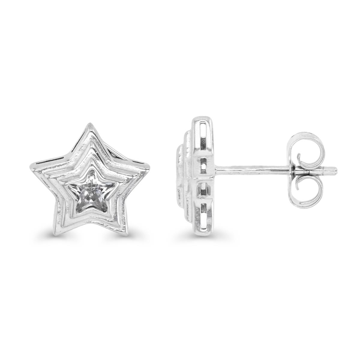 Sterling Silver Rhodium & 4MM Star Ct. White CZ Star Stud Earring