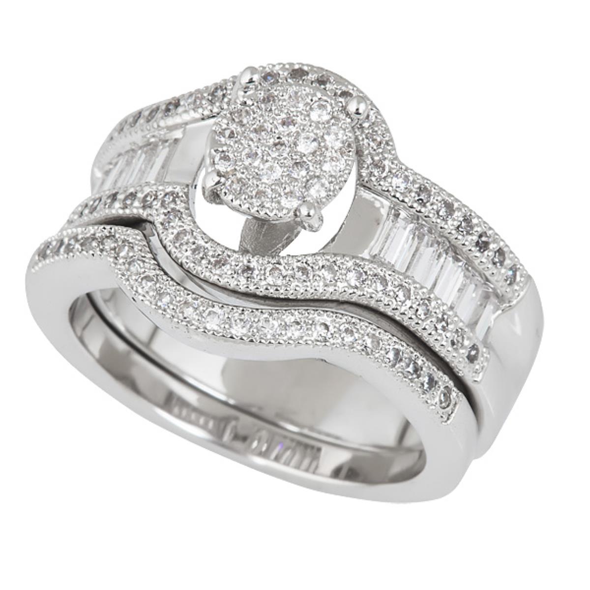 Sterling Silver Baquette Micropave Round Cut Halo and  Baguette Wedding Set with Cubic Zirconia