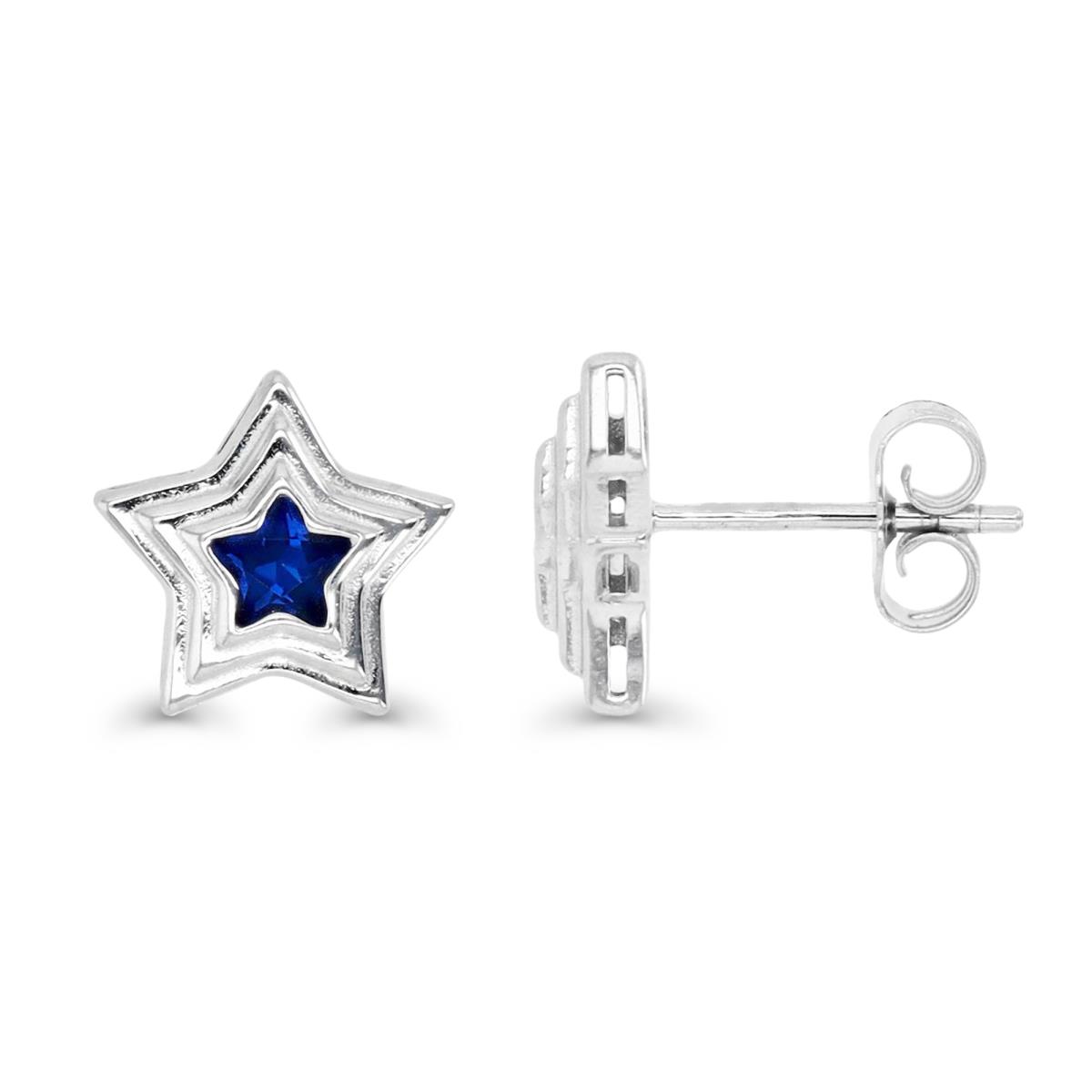 Sterling Silver Rhodium & 4MM Star Ct. Cr. Blue Spinel #113  Star Stud Earring