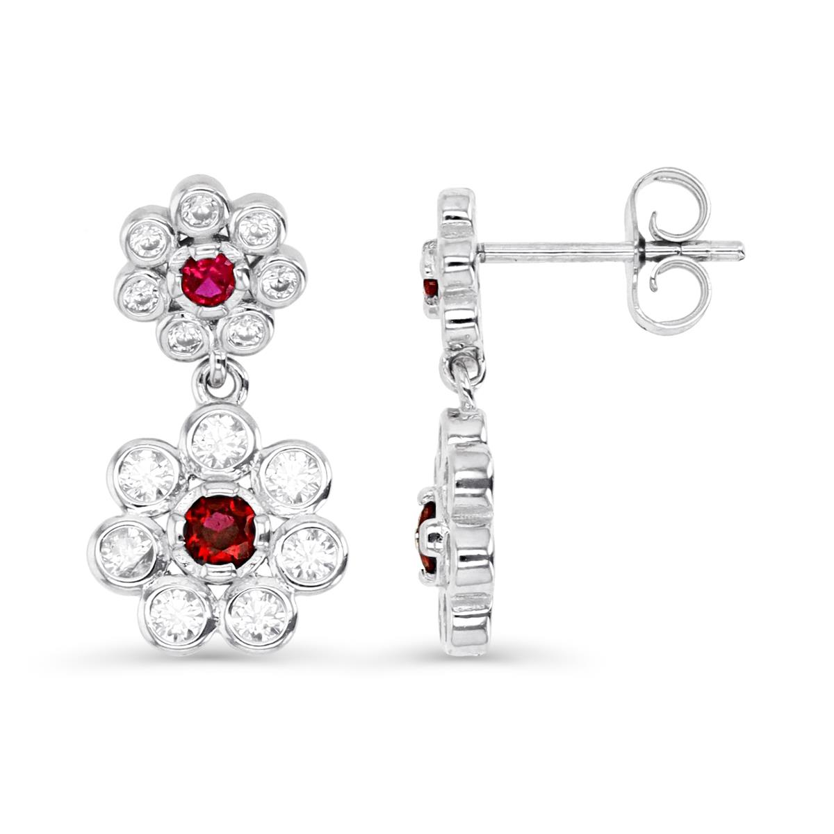 Sterling Silver Rhodium & Ruby #8 and White CZ Flowers Dangling Earring