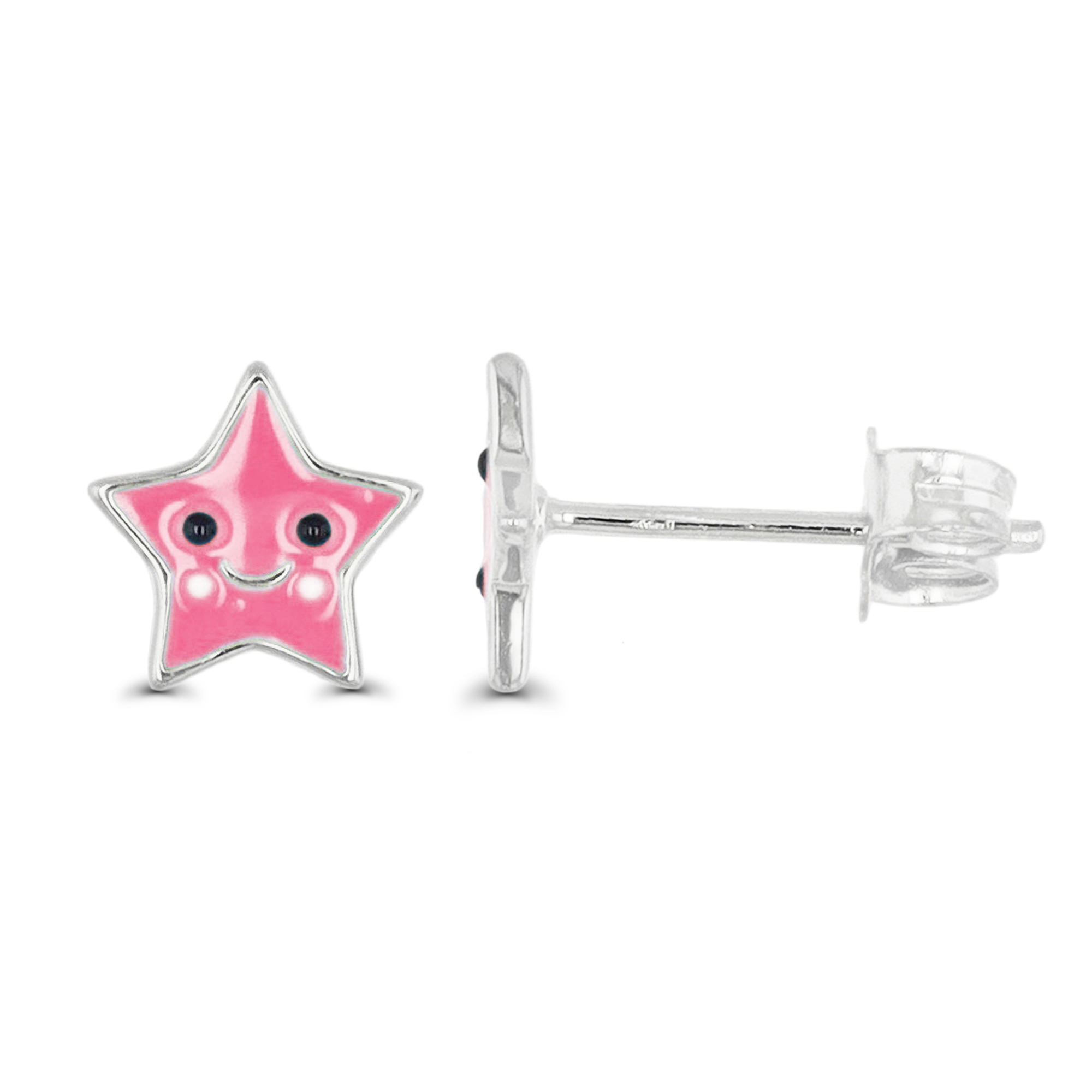 Sterling Silver Rhodium 7.5MM Star Enamel Pink White & Black Stud Earring