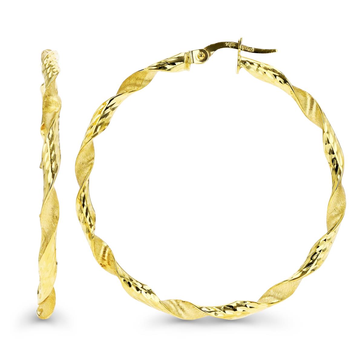 14K Gold Yellow 40X3MM DC & Satin Twisted Hoop Earring