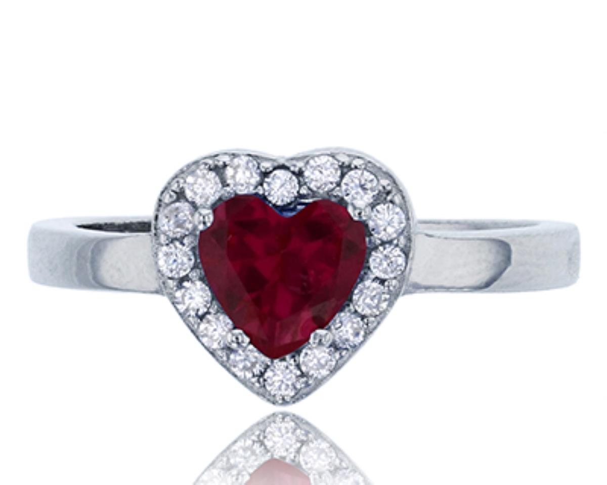 Sterling Silver Rhodium 6mm Heart Cut Ruby & White Stone Rd Cut Halo Engagement Ring