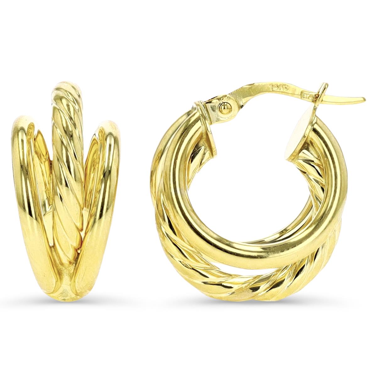 14K Gold Yellow 18MM Polished & Textured Triple Hoop Earring