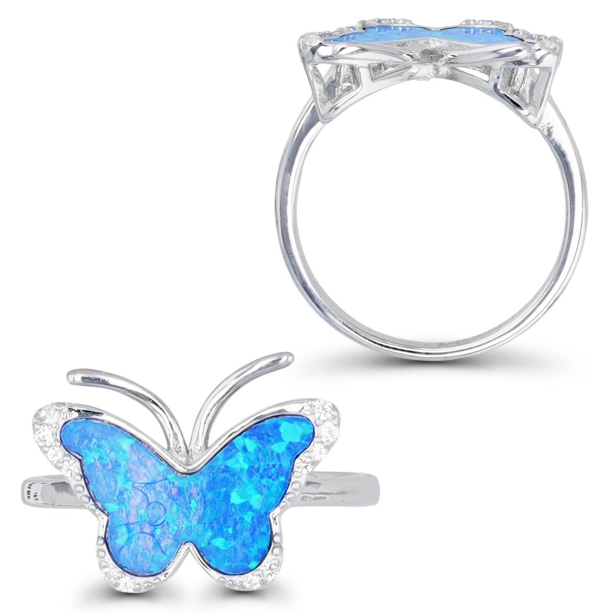 Sterling Silver Rhodium & Cr. Blue Opal and Cr. White Sapphire Butterfly Ring