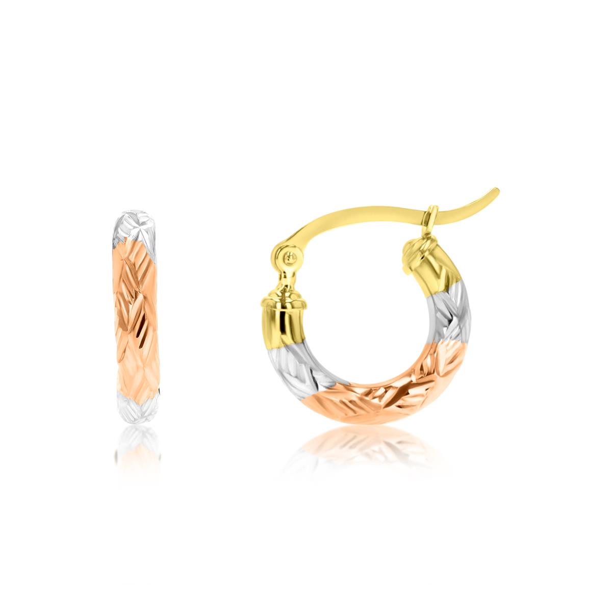14K Gold Tricolor 3x15mm (0.60") Diamond Cut Hoop Earring