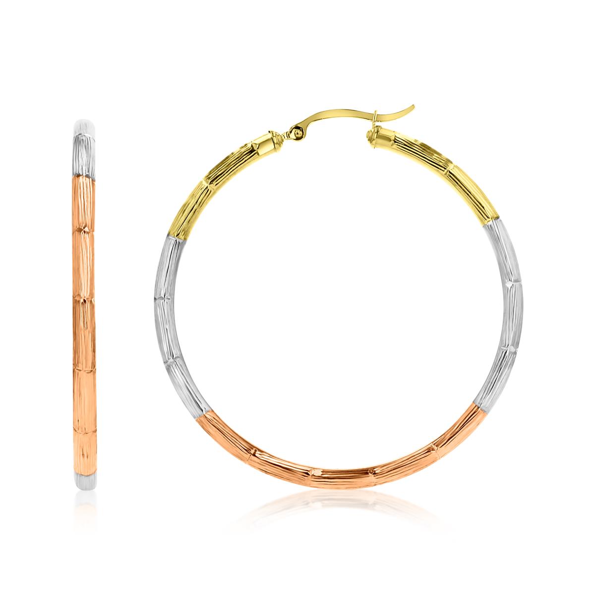 14K Gold Tricolor 3x50mm (2.00") Textured Bamboo Hoop Earring