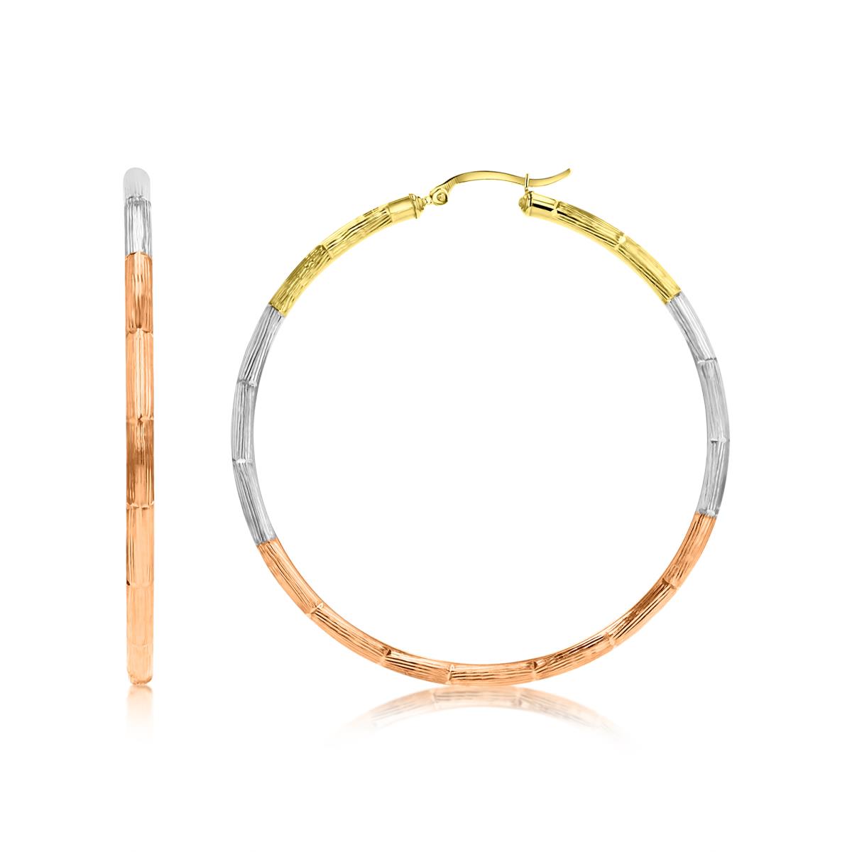 14K Gold Tricolor 3x60mm (2.50") Textured Bamboo Hoop Earring