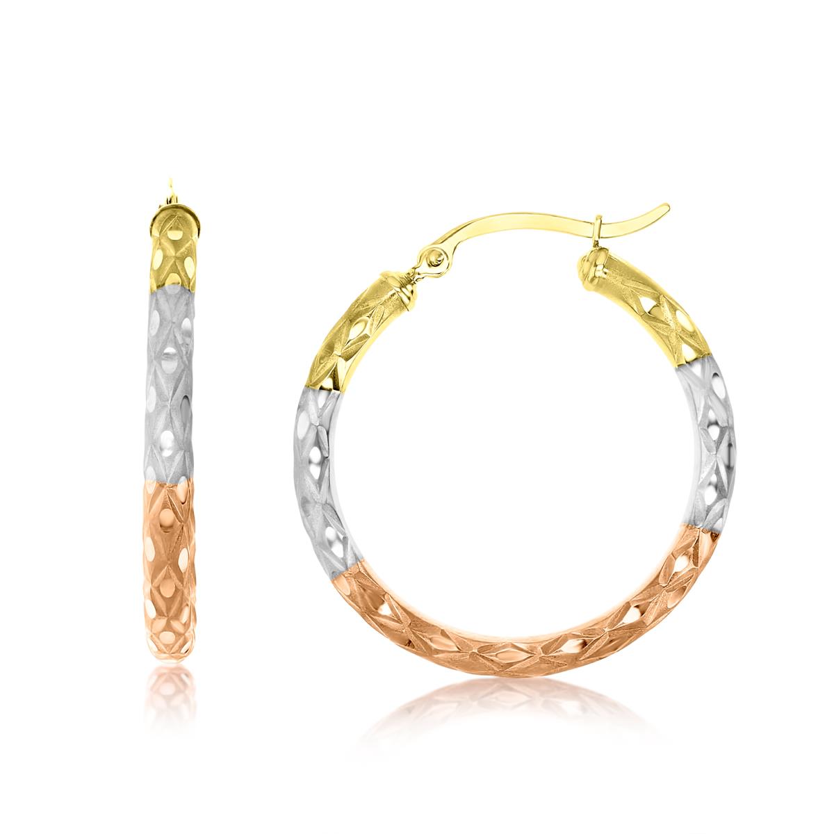14K Gold Tricolor 3x30mm (1.25") Rhombus Matte Diamond Cut Hoop Earring