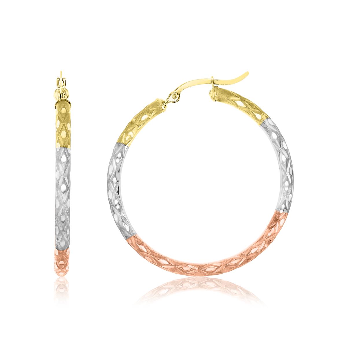 14K Gold Tricolor 3x40mm (1.50") Rhombus Matte Diamond Cut Hoop Earring