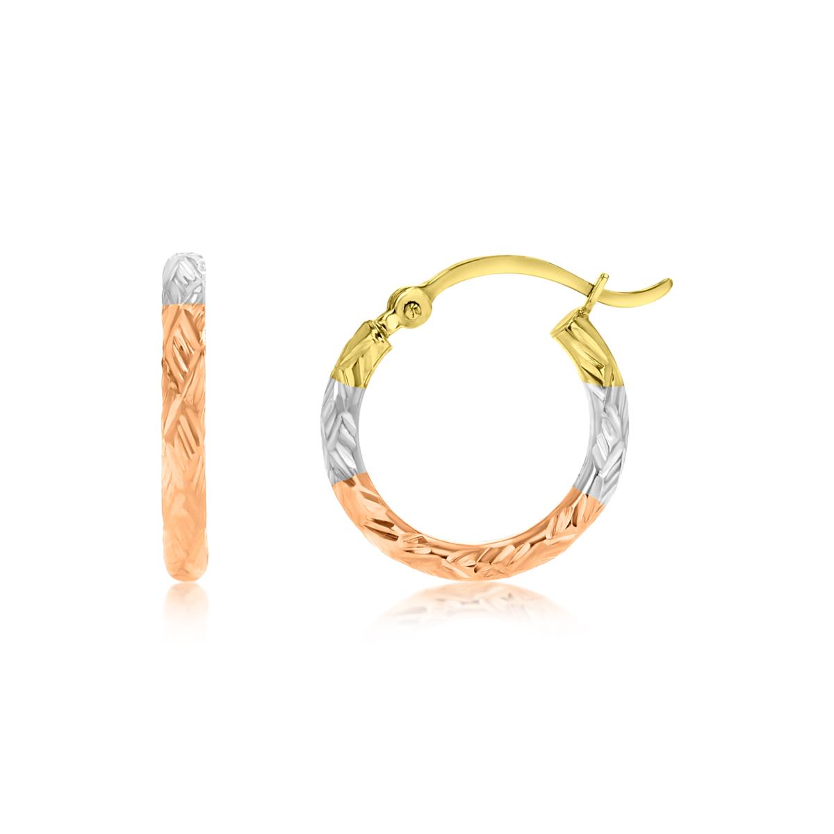 14K Gold Tricolor 2x15mm (0.60") Diamond Cut Hoop Earring