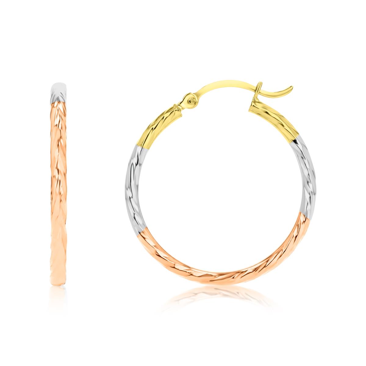 14K Gold Tricolor 2x25mm (1.00") Twisted DC Hoop Earring