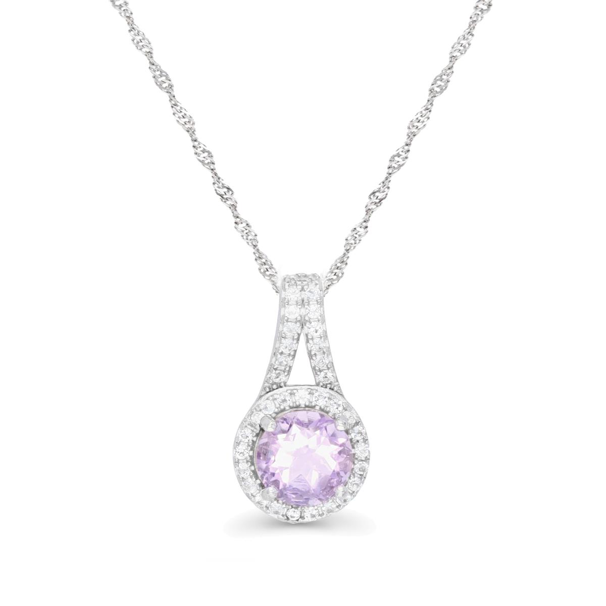 Sterling Silver Rhodium 7MM Rose de France & Cr White Sapphire Halo 18+2'' Singapore Necklace