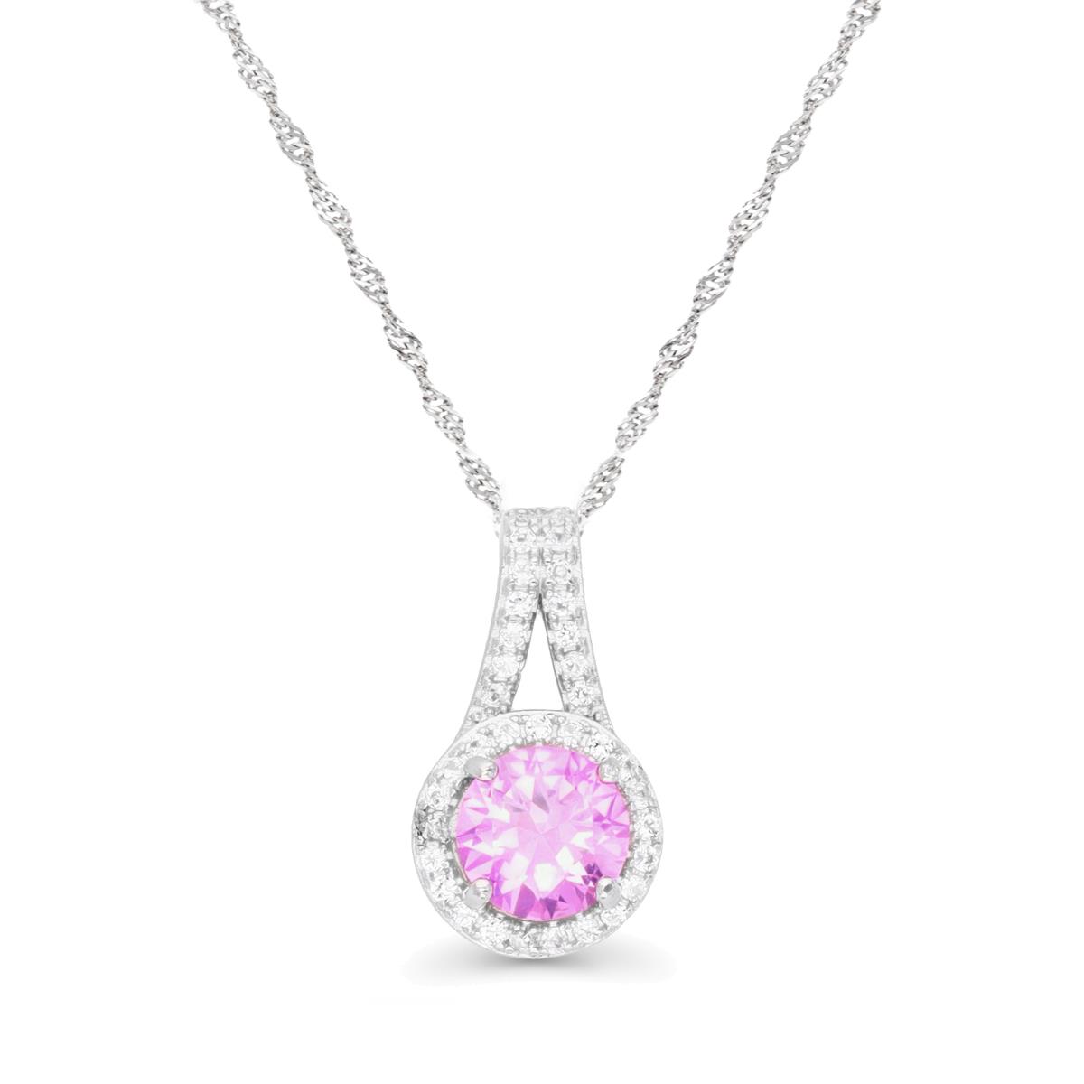 Sterling Silver Rhodium 7MM Cr Pink Sapphire & Cr White Sapphie Halo 18+2'' Necklace