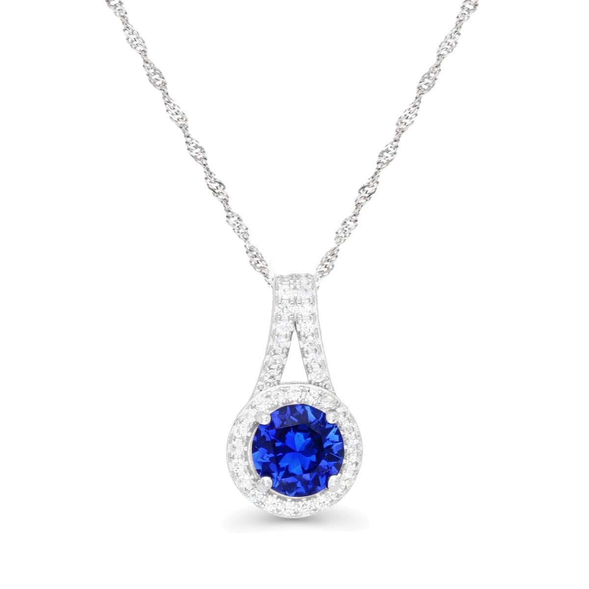 Sterling Silver Rhodium 7MM Cr Blue Sapphire & Cr White Sapphie Halo 18+2'' Singapore Necklace