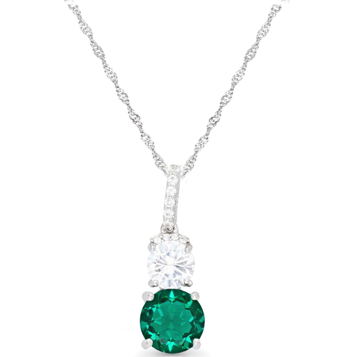 Sterling Silver Rhodium 25X8MM Cr Emerald & Cr White Sapphire 18+2'' Singapore Necklace