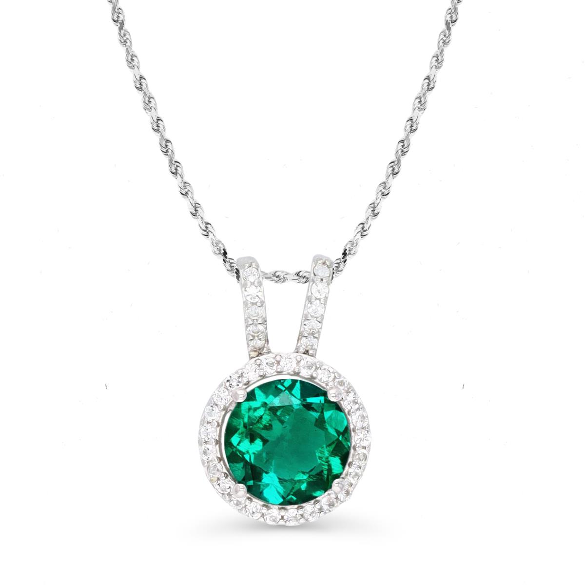 Sterling Silver Rhodium 8MM Rnd Cr Emerald & Cr White Sapphire Halo 18+2" Singapore Necklace