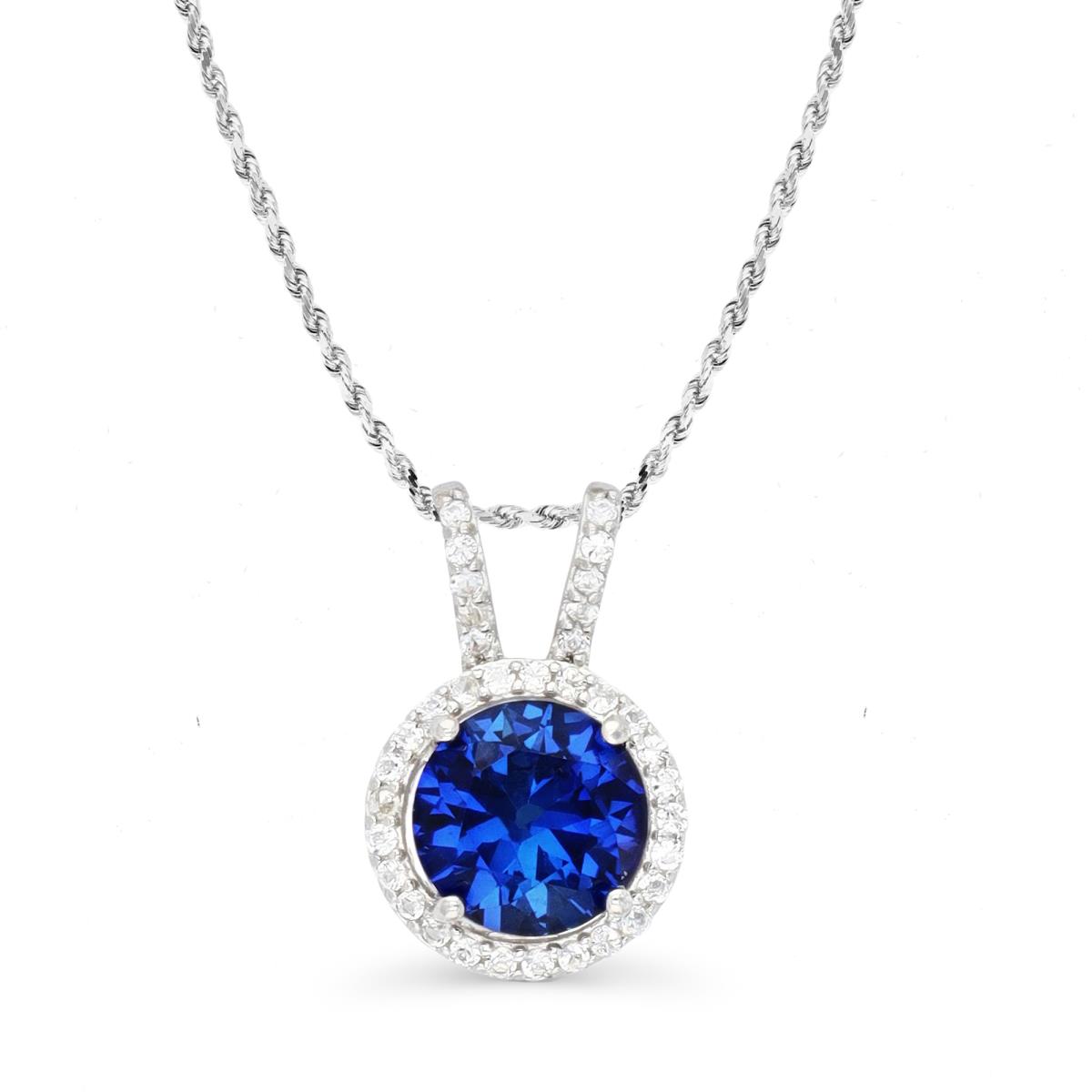 Sterling Silver Rhodium 8MM Rnd Cr Blue Sapphire & Cr White Sapphire Halo 18+2" Necklace
