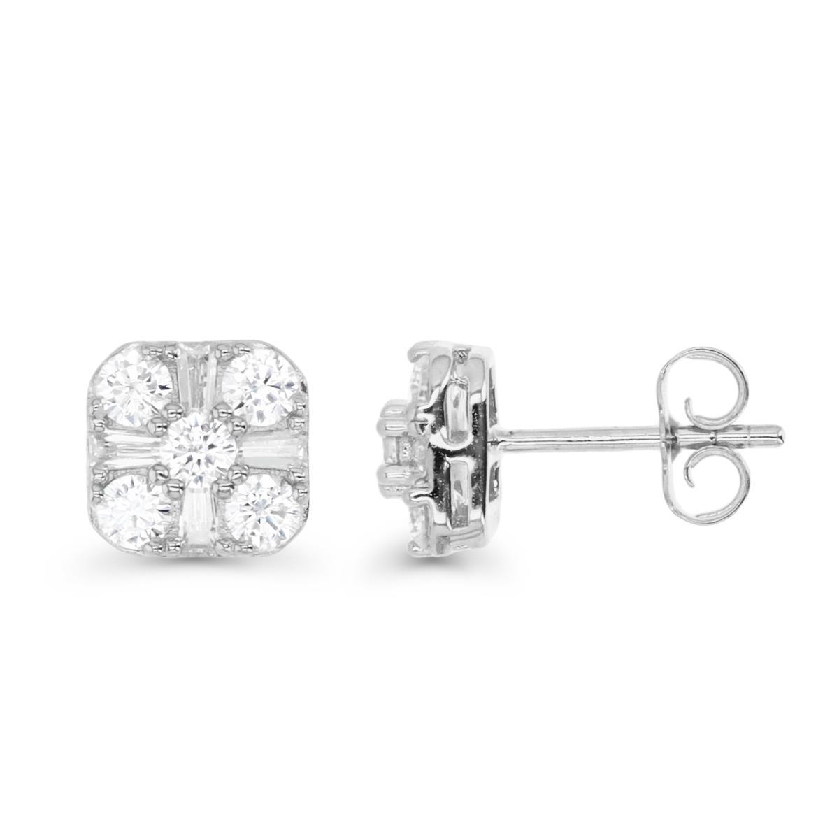 Sterling Silver Rhodium 8MM Polished White CZ Rnd & Tapered Baguette Stud Earring