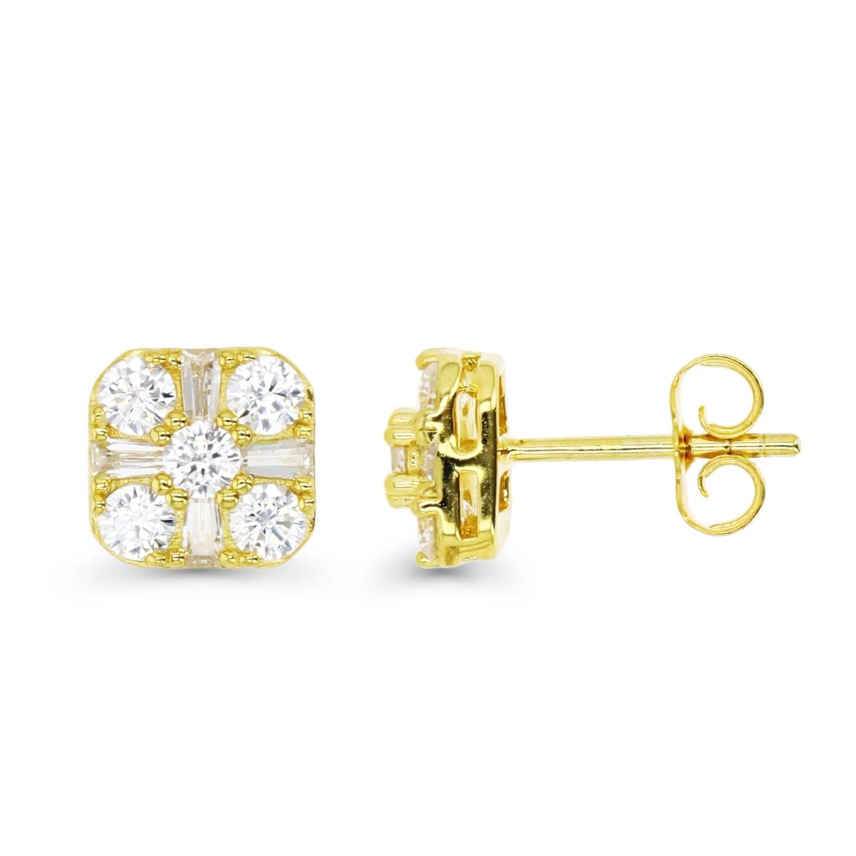 Sterling Silver Yellow 8MM Polished White CZ Rnd & Tapered Baguette Stud Earring