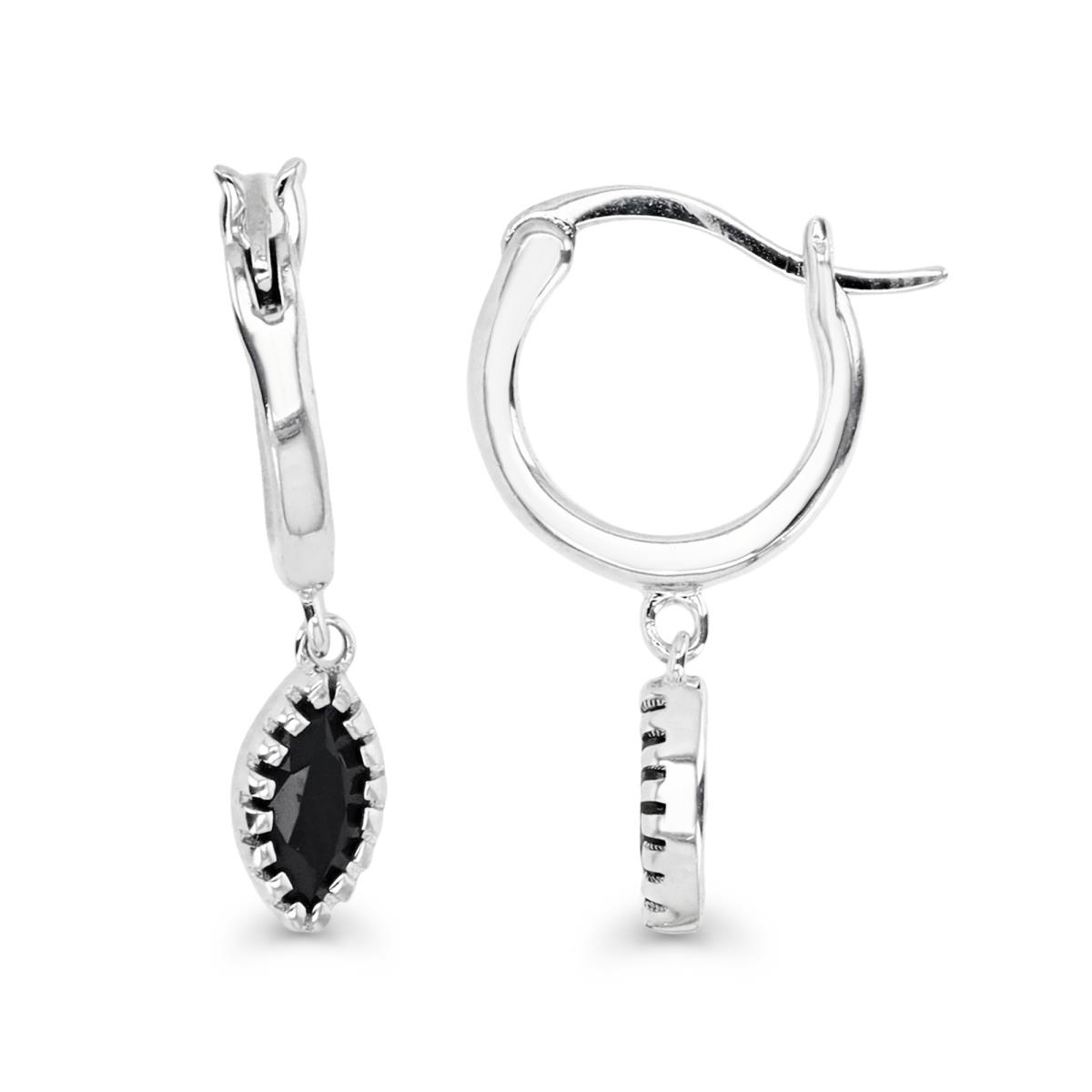 Sterling Silver Rhodium 22MM Polished Black Spinel Marquise Dangling Huggie Earring