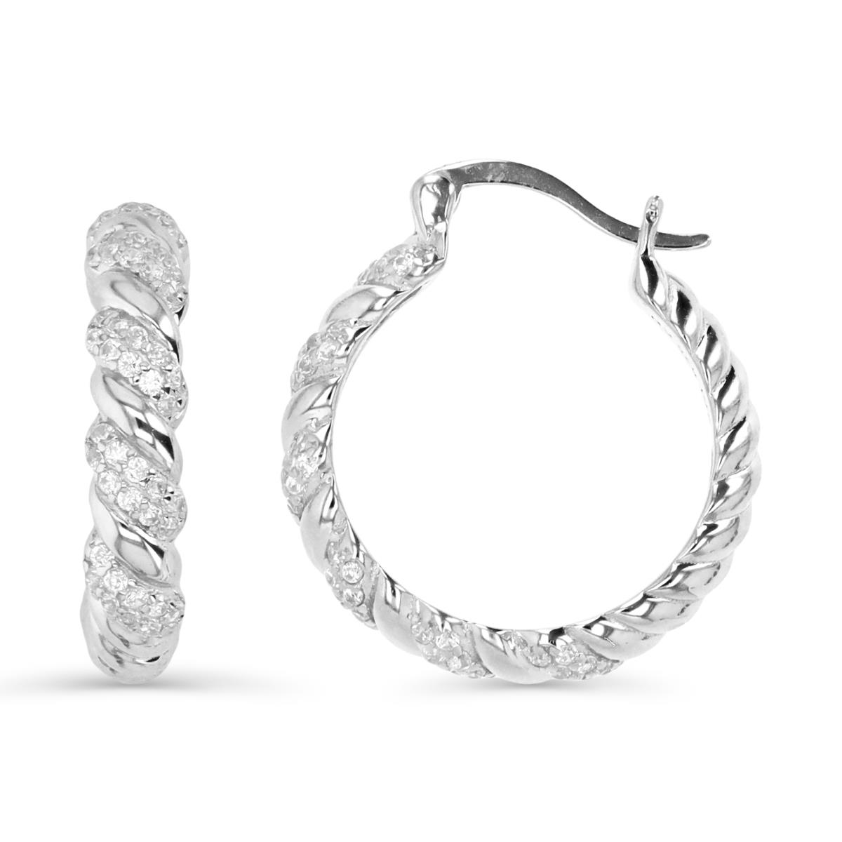 Sterling Silver Rhodium 22X4MM White CZ Twisted Hoop Earring
