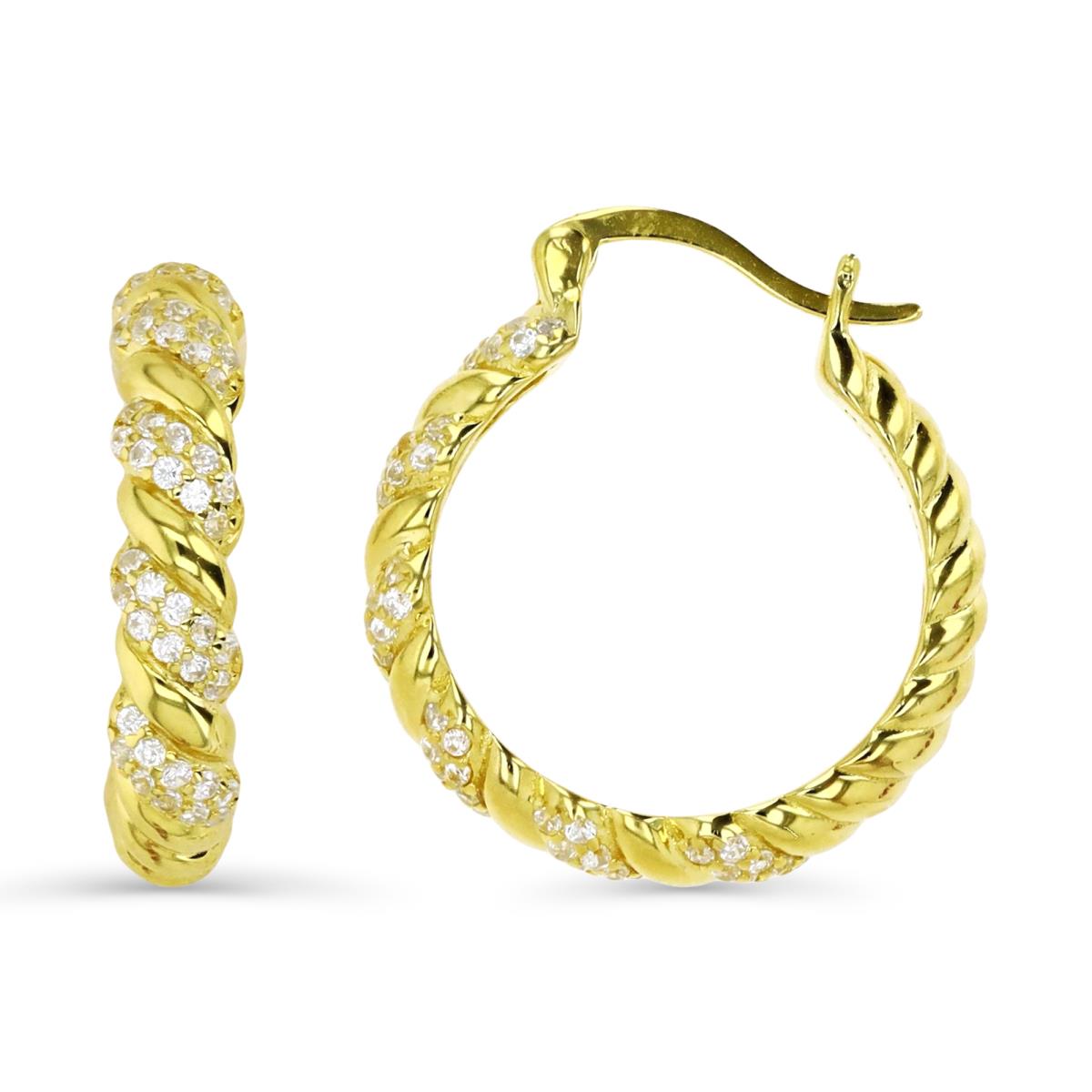 Sterling Silver Yellow 22X4MM White CZ Twisted Hoop Earring