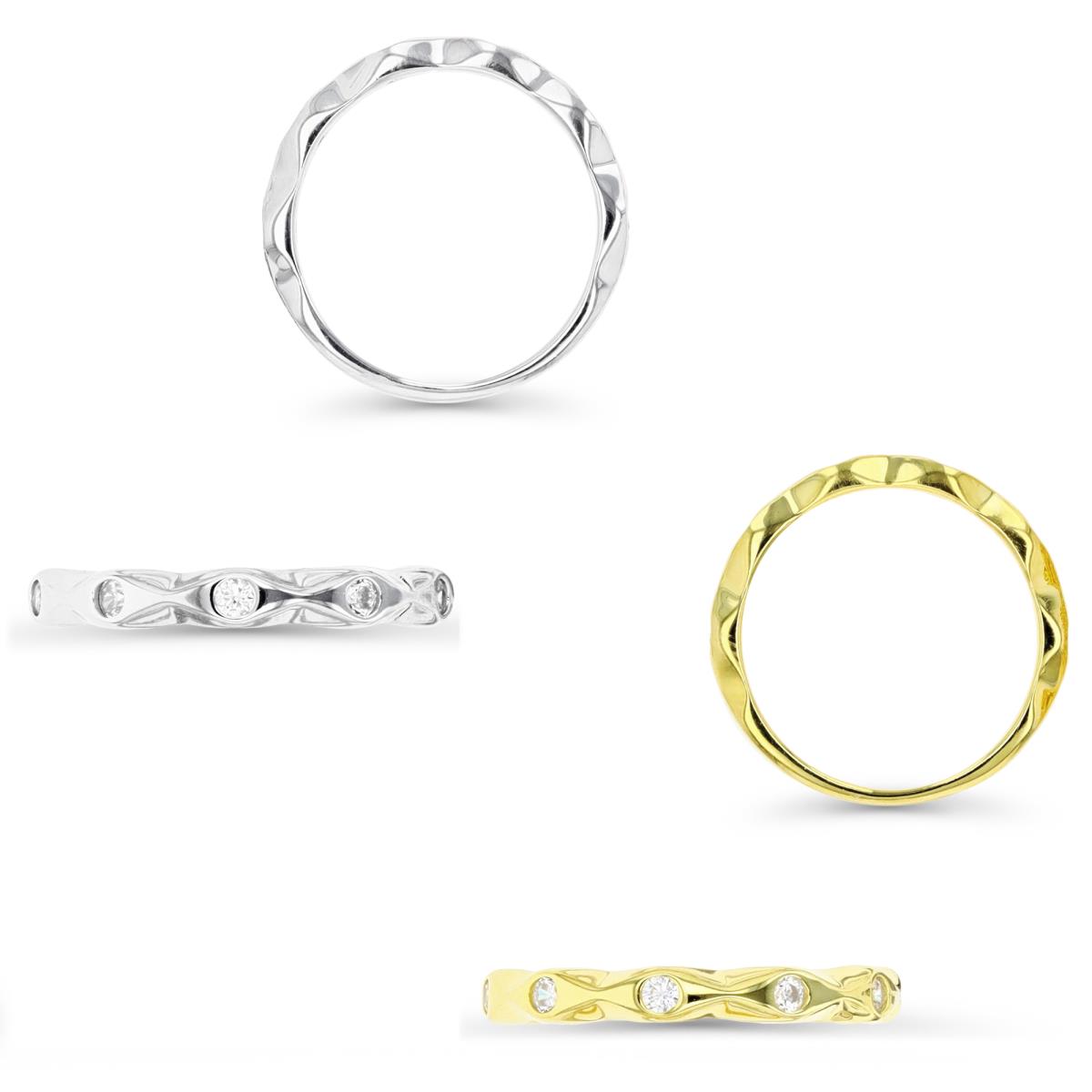 Sterling Silver Rhodium & Yellow 1M  3;3MM 3MM Polished White CZ Rhombus Patterned Ring Set