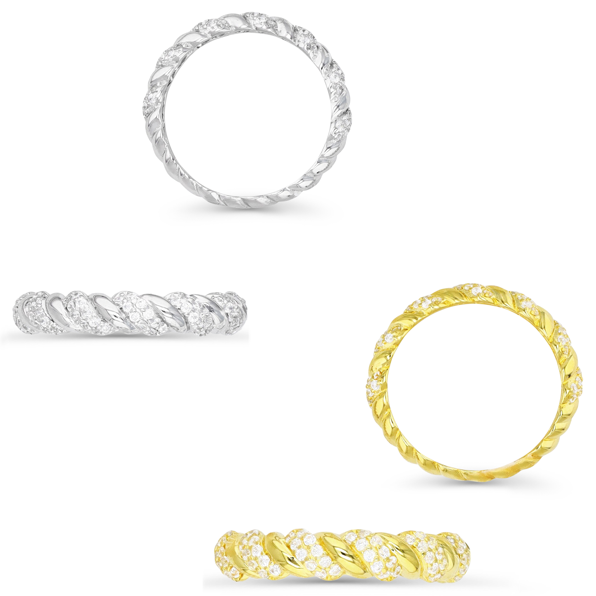 Sterling Silver Yellow 1M  & White 4;4 White CZ Twisted Ring Set