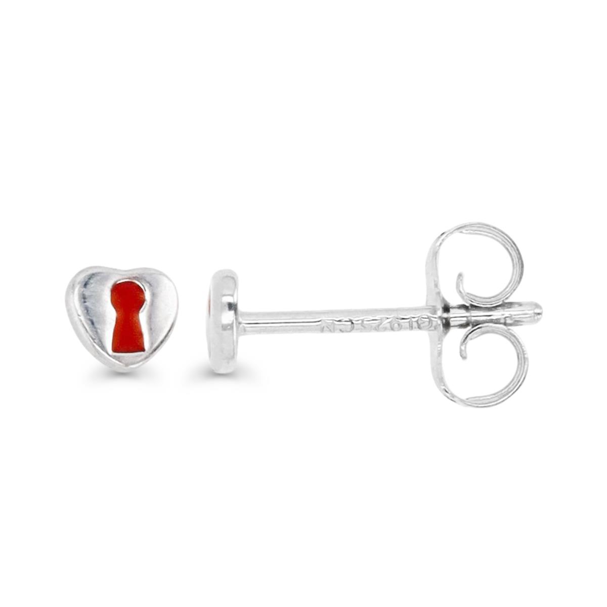 Sterling Silver Rhodium 4X3MM Mini Heart Red Enamel Stud Earring