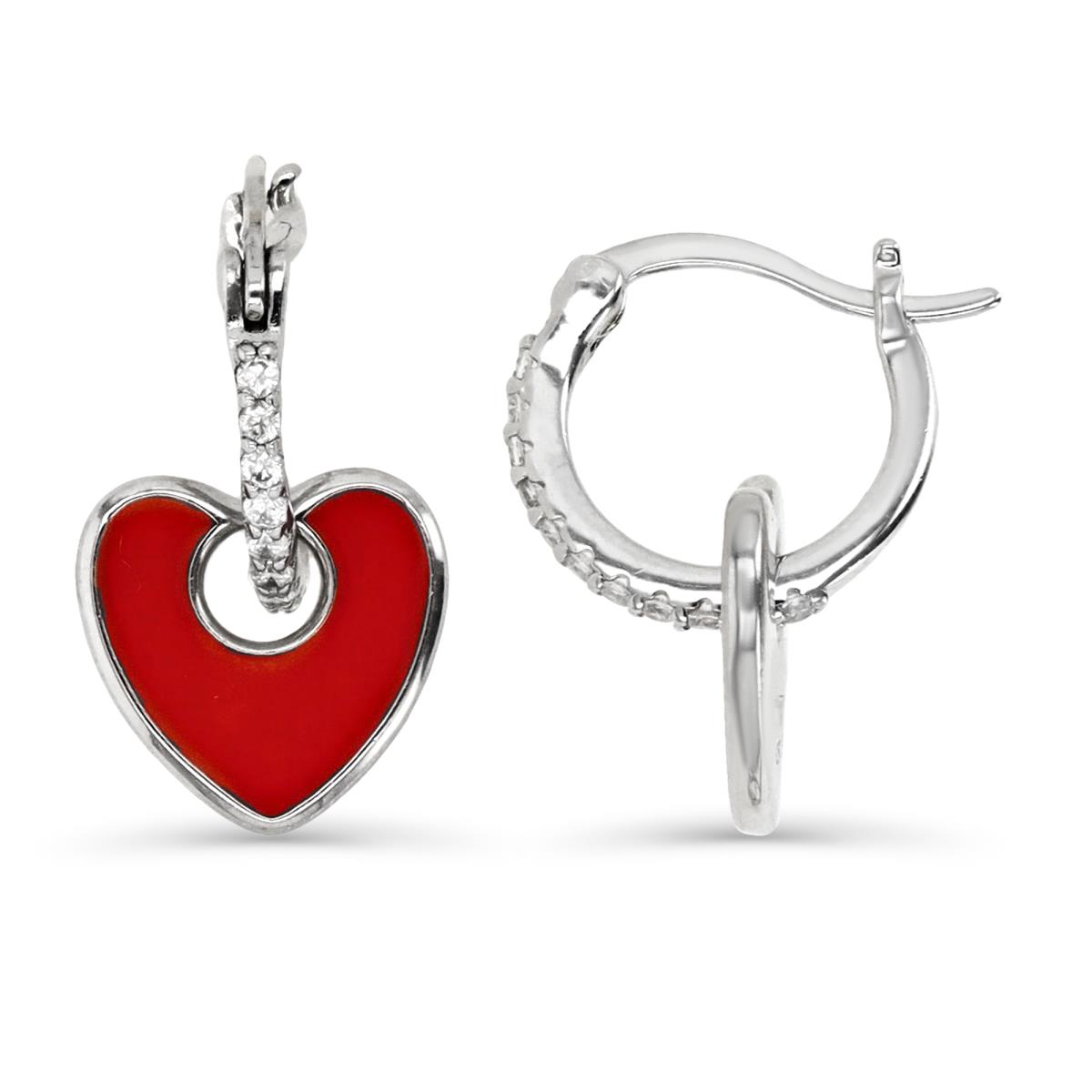 Sterling Silver Rhodium 18X10MM White CZ & Red Enamel Heart Dangling Earring