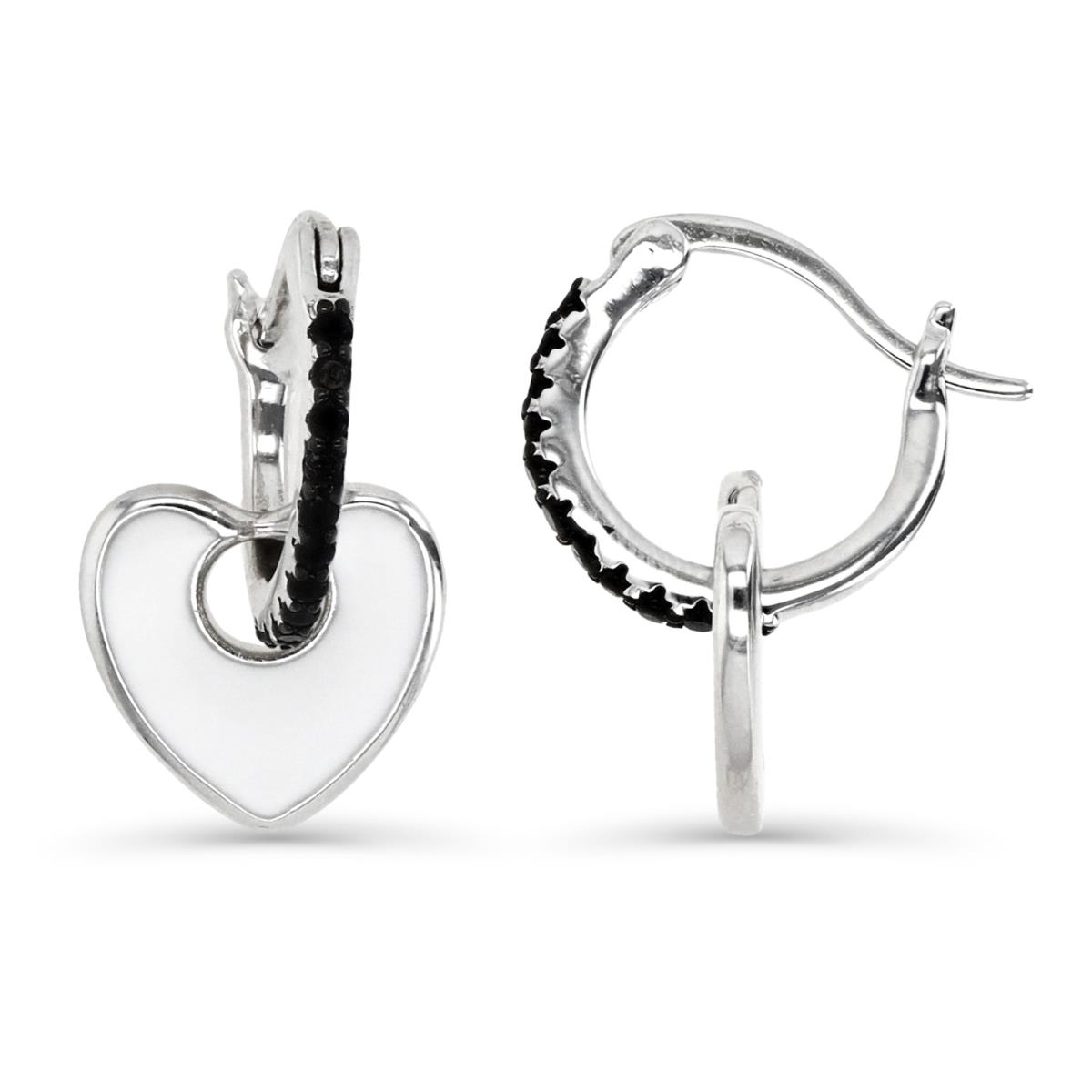 Sterling Silver Rhodium 18X10MM Black Spinel & White Enamel Heart Dangling Earring