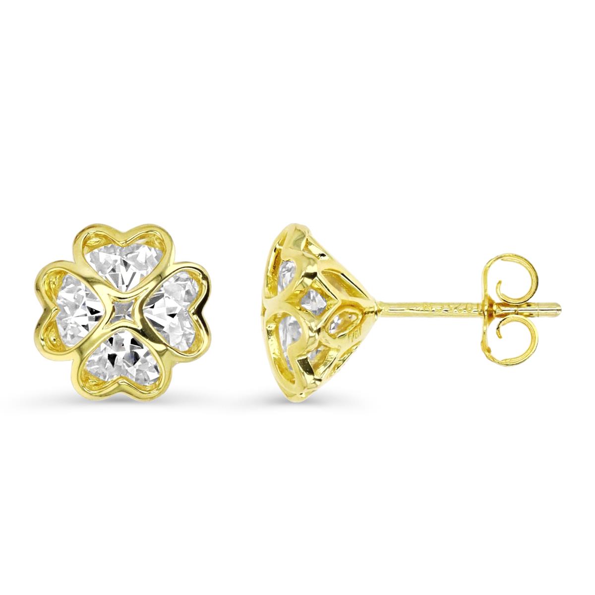 Sterling Silver Yellow 1M 8MM White CZ 4 Hearts Flower Stud Earring