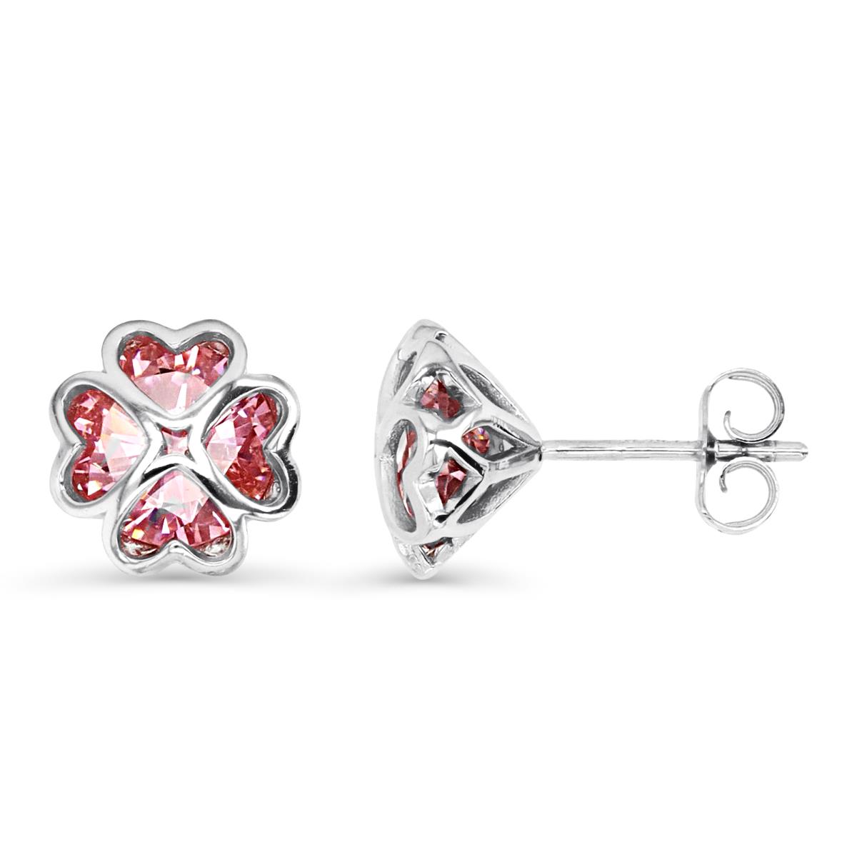 Sterling Silver Rhodium 8MM Pink CZ 4 Hearts Flower Stud Earring
