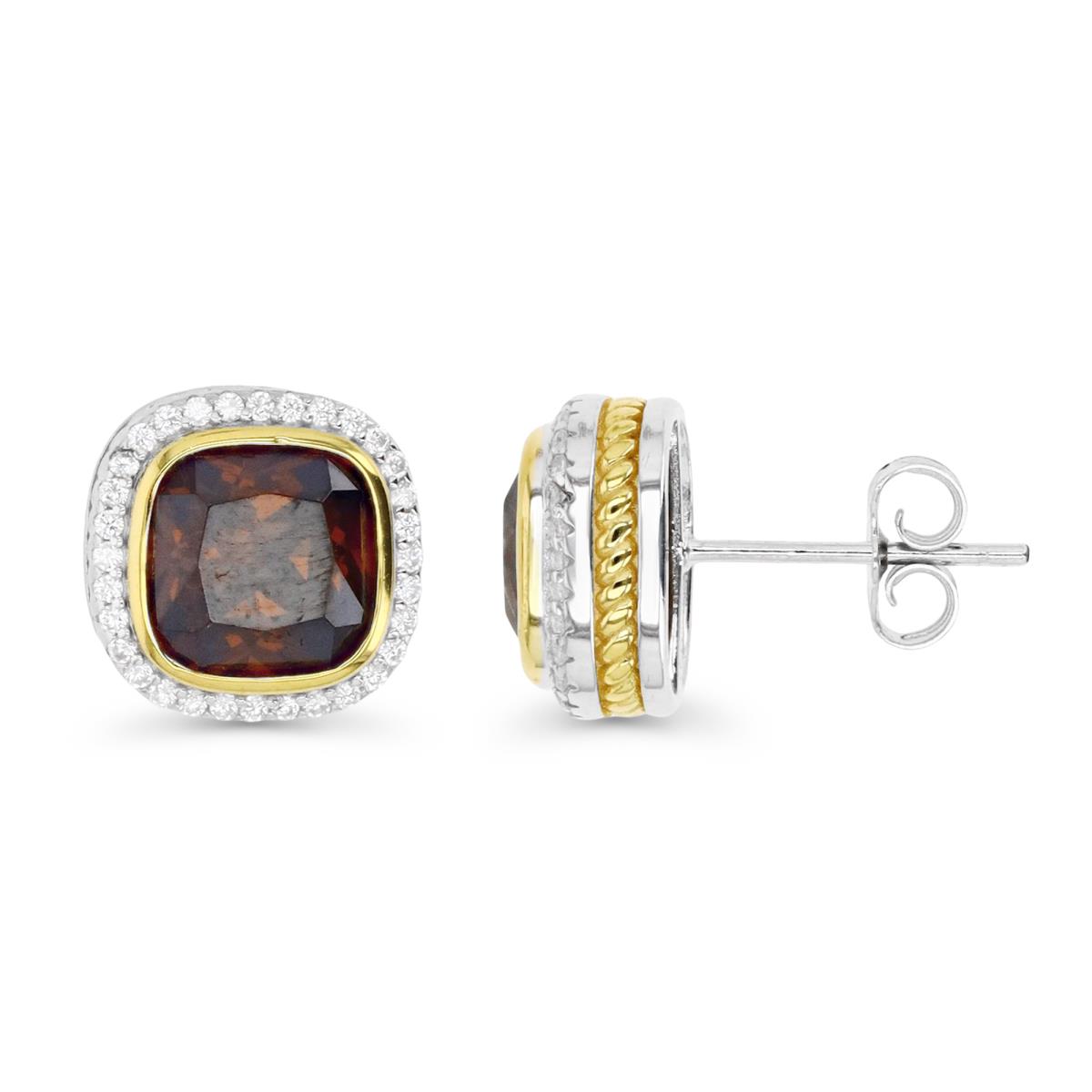 Sterling Silver Rhodium and Yellow 1M  & 8MM CU Ct. Bezel Set Smoky CZ and RD Ct. Pave White CZ Halo Stud Earring