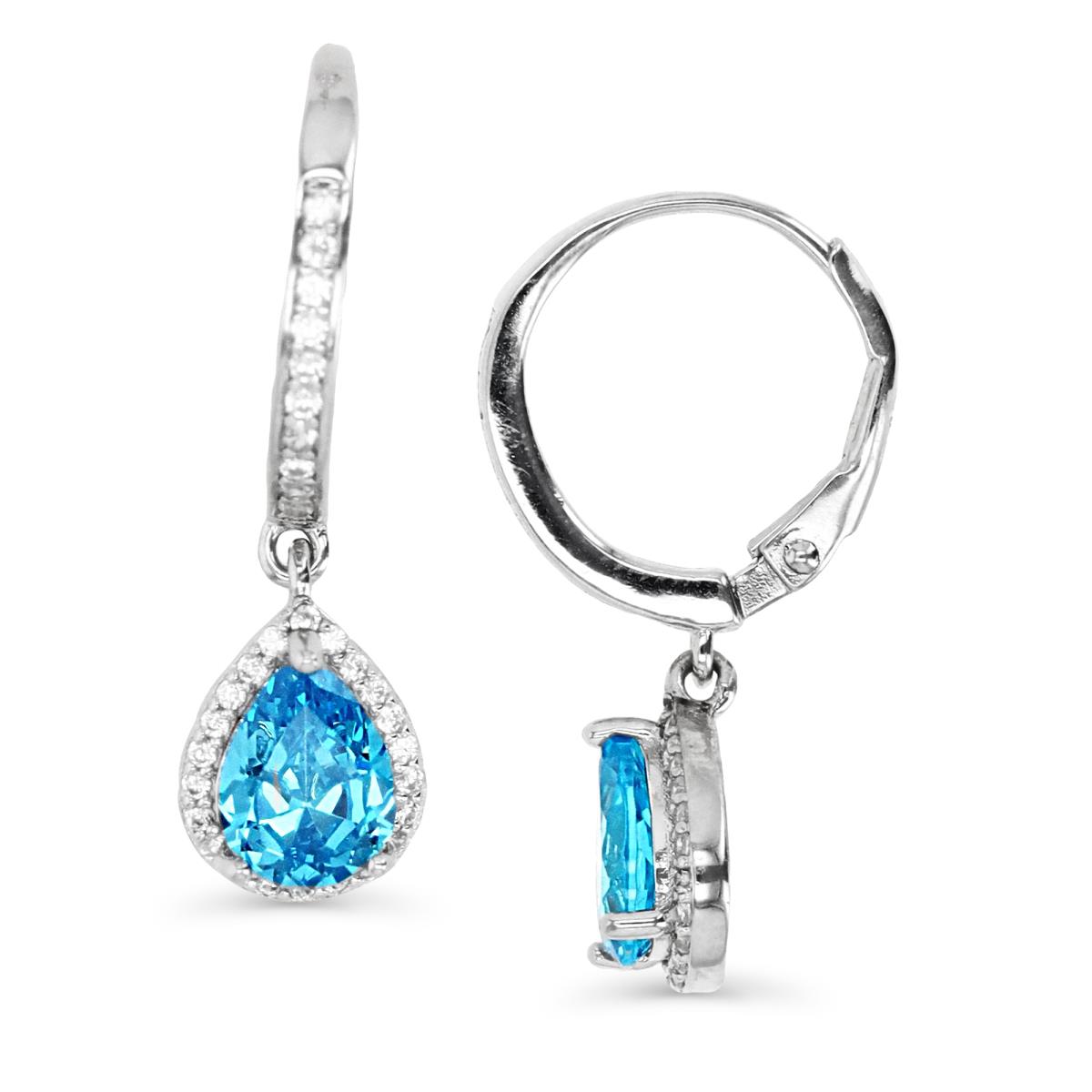 Sterling Silver Rhodium & Medium Blue and White CZ Dangling Teardrop Leverback Earring