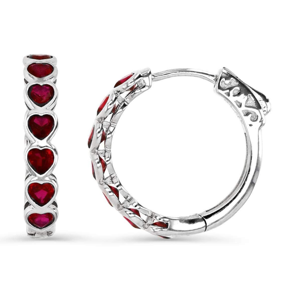 Sterling Silver Rhodium 20X4MM Polished Heart Shape Created Ruby #8  Hoop Earring