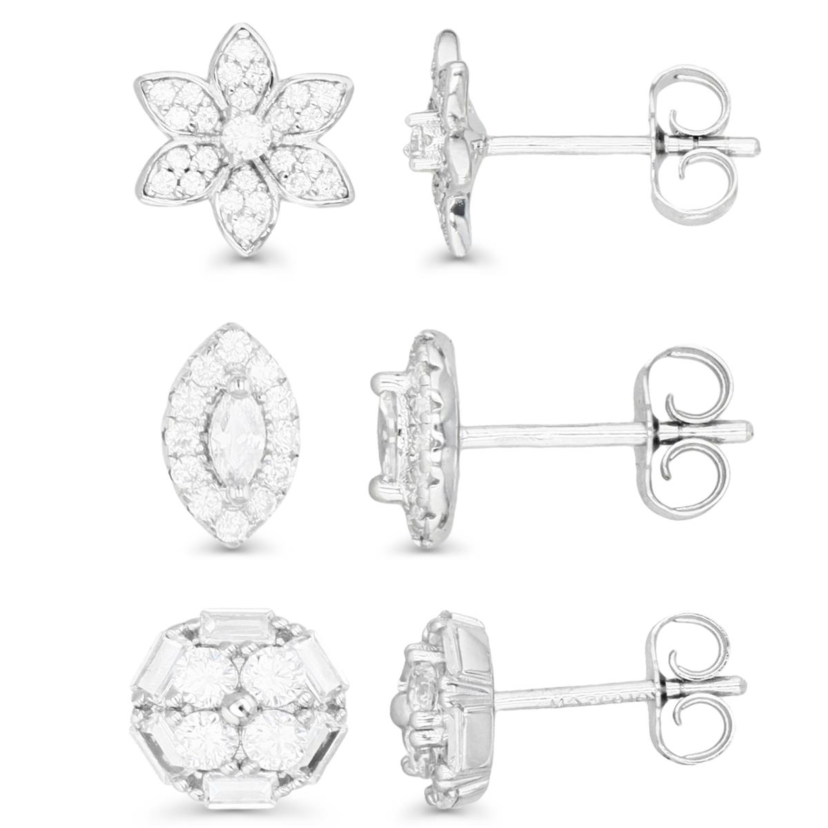 Sterling Silver Rhodium 8X5;8;9MM White CZ Str Baguette / Marquise & Flower Stud Earring Set