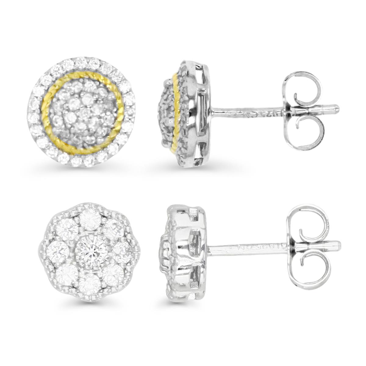 Sterling Silver Yellow & White 8;9 Milgraine White CZ Flower &  Pave Circle Earring Set