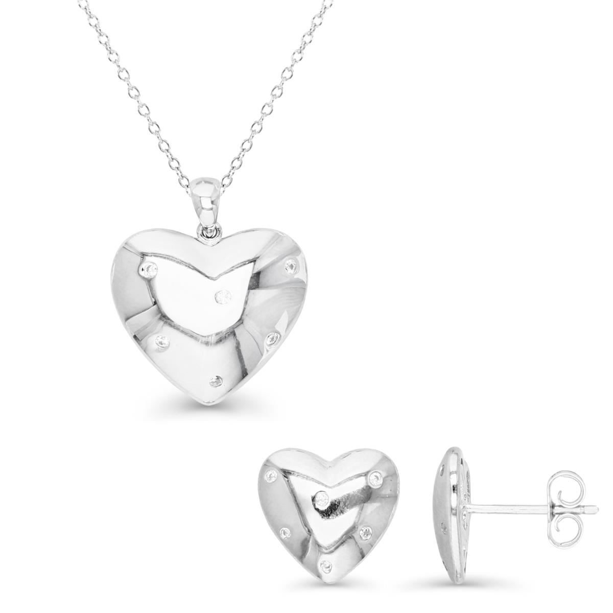 Sterling Silver Rhodium 11X12MM;24X20MM White CZ 12MM Polished Heart Stud  20MM Polished Heart w/Singapore 18+2