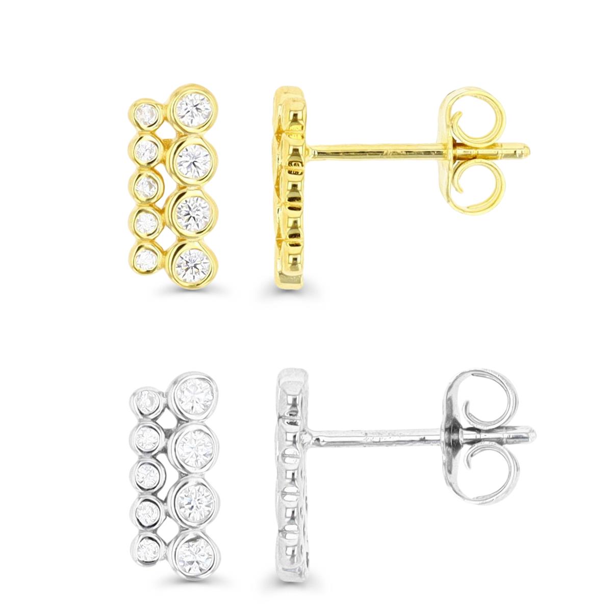 Sterling Silver Yellow & White 1M 10X4;Polished White CZ Bezel Two Row Stud  Earring Set