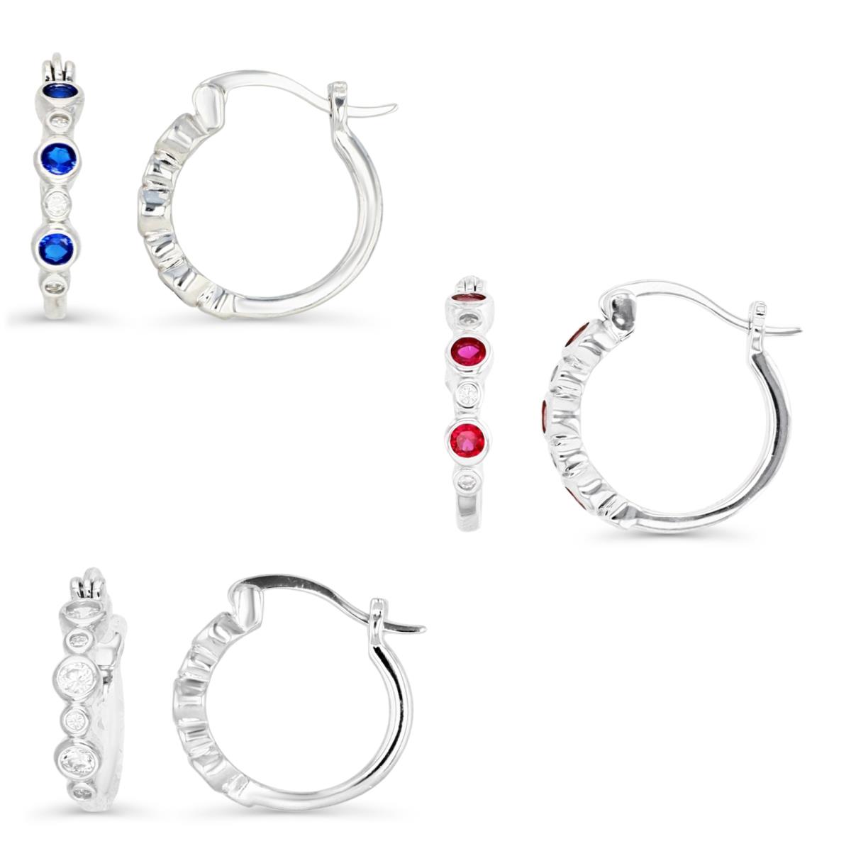 Sterling Silver Rhodium 16;16;16 Polished Cr Rubby #8 / Cr Spinel #113 & White CZ Bezel Hoop Earring Set