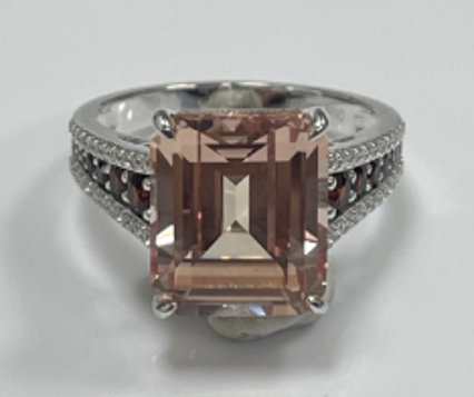 14K White Gold White 12X10MM Morganite / Garnet & Cttw 0.25 Diamond 4 Single Prong Engagement Ring