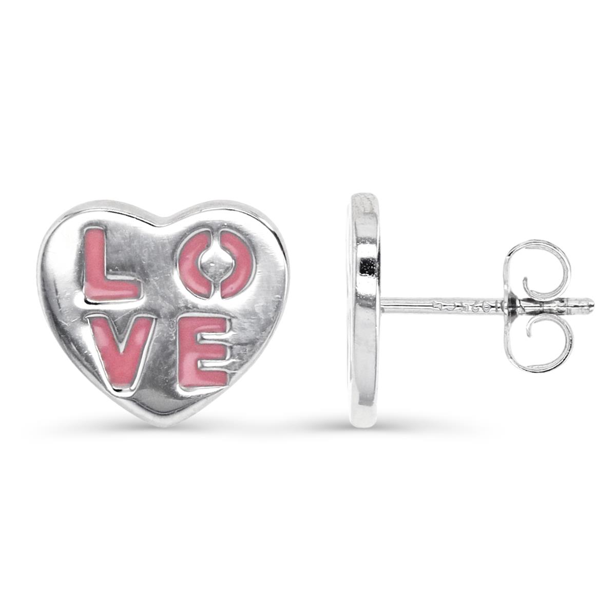 Sterling Silver Rhodium 12X11MM Pink Enamel 'Love' Heart Shape Stud Earring