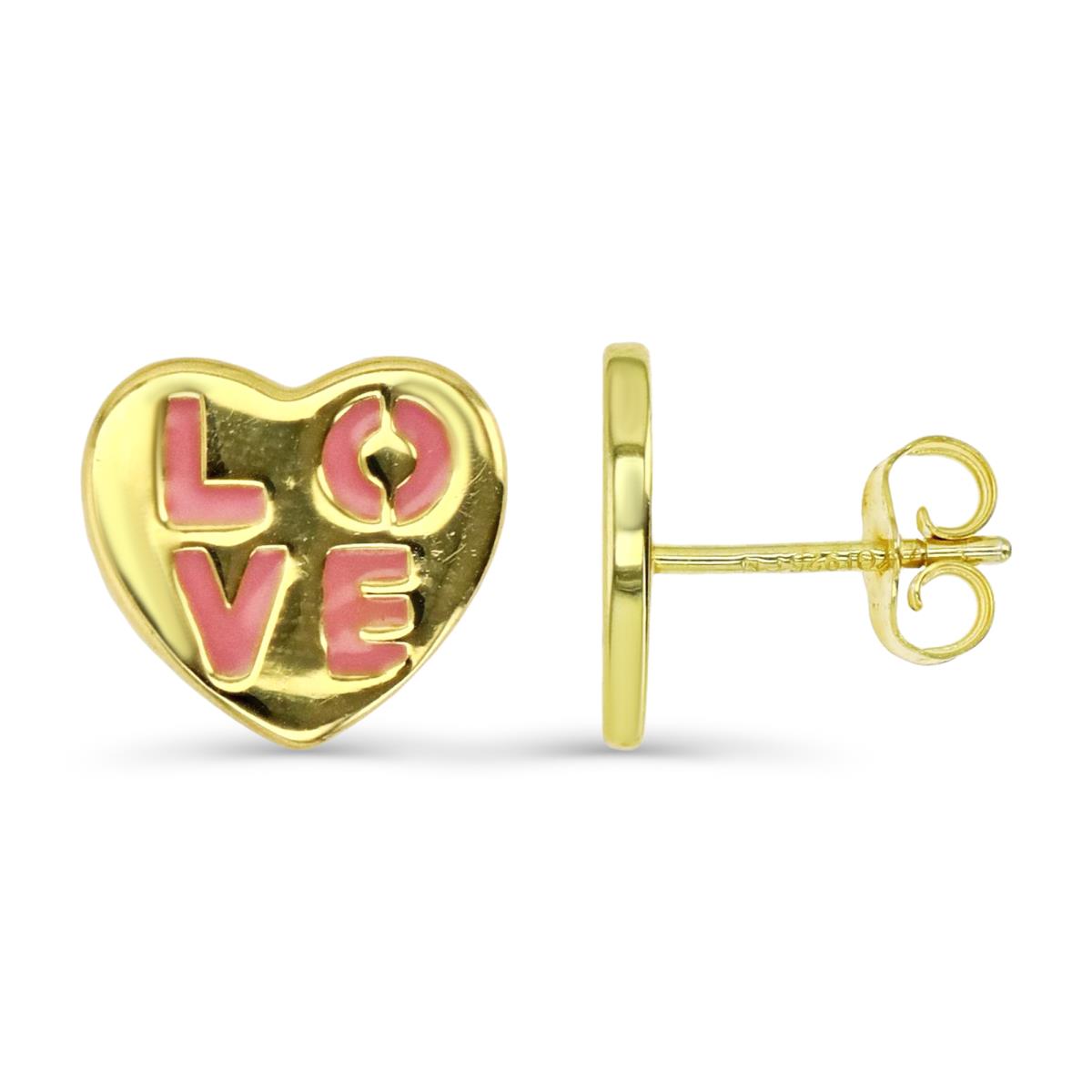 Sterling Silver Yellow 1M 12X11MM Pink Enamel 'Love' Heart Shape Stud Earring