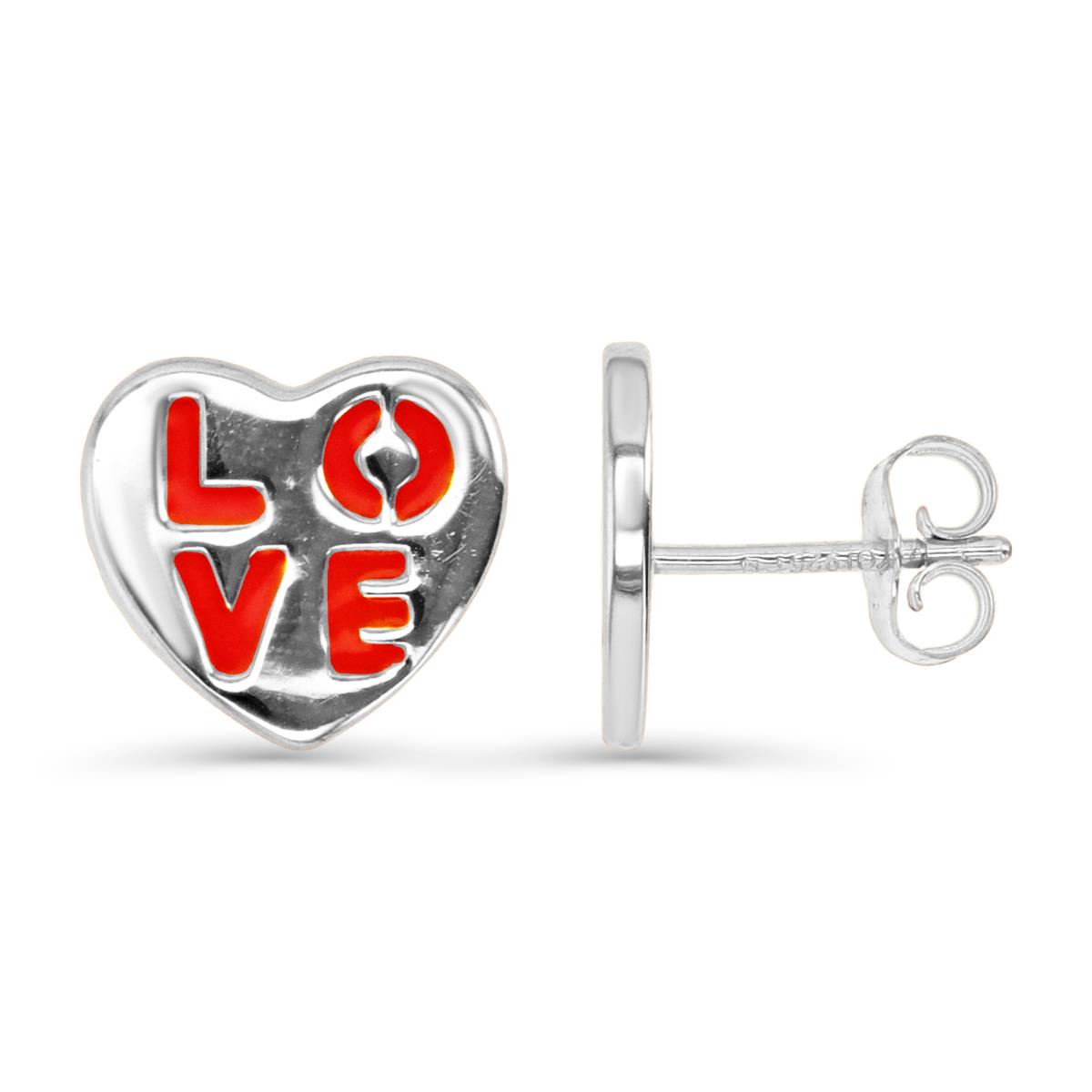 Sterling Silver Rhodium 12X11MM Red Enamel 'Love' Heart Shape Stud Earring
